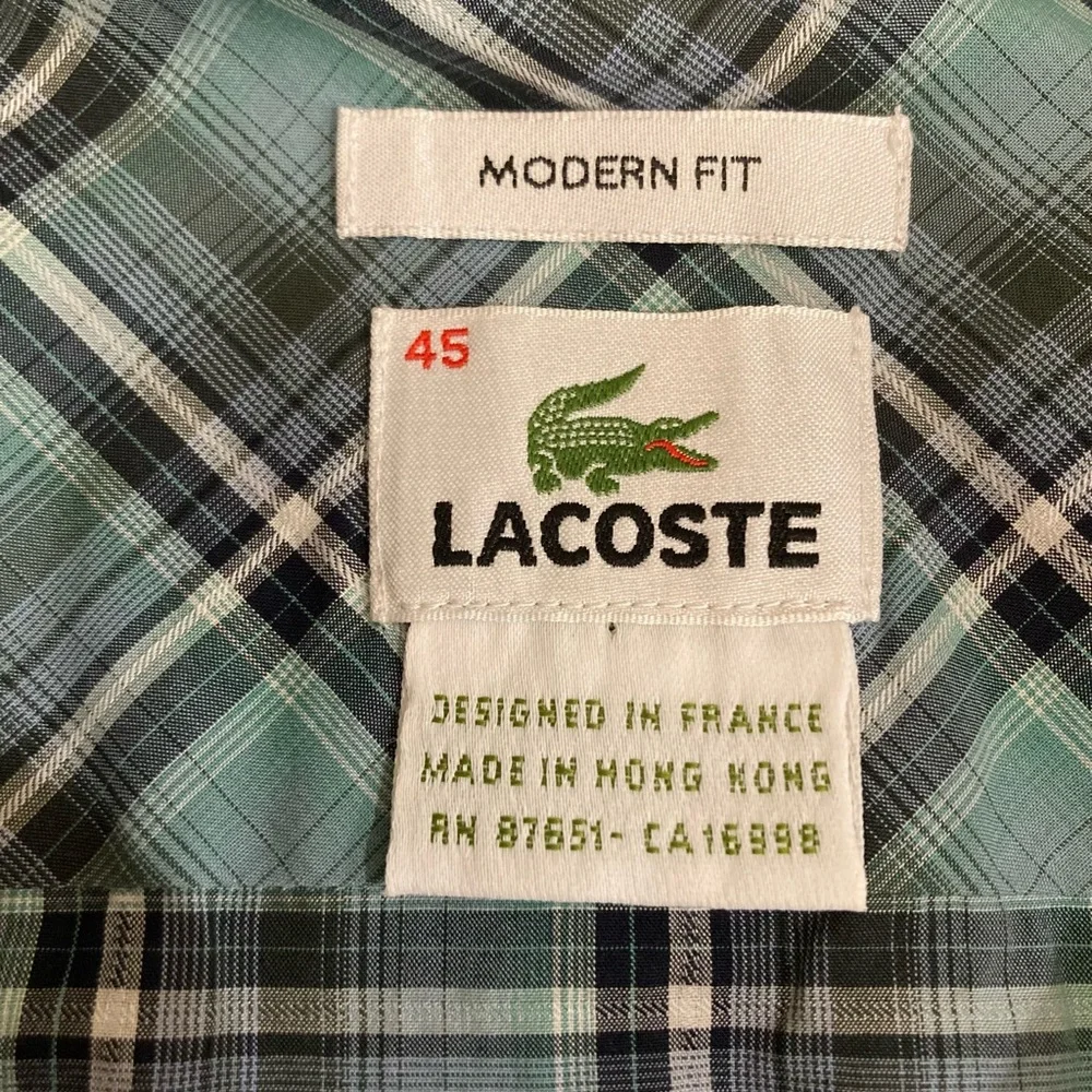 Lacoste Mens‎ Modern Fit Button Up Shirt Long Sleeve Size 45 Plaid Front Pockets